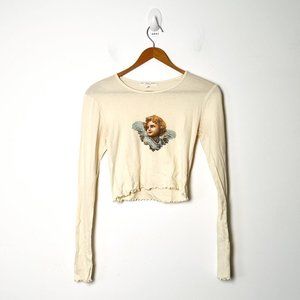 Urban Outfitters Cropped Long Sleeve Ruffled Graphic Angel Tee